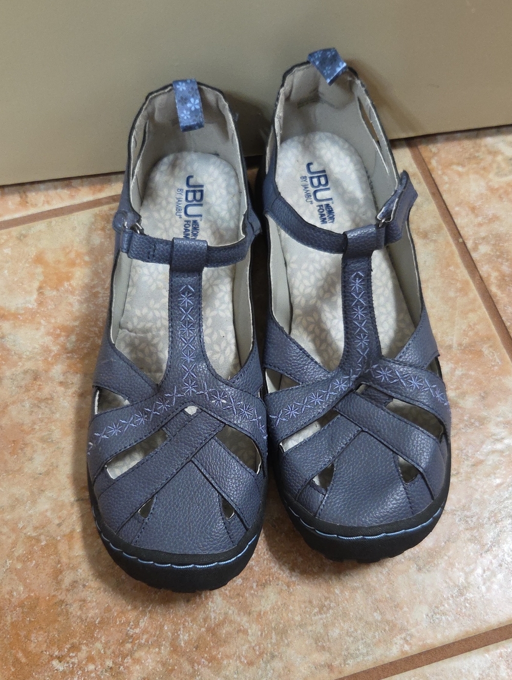 JBU Women's Gray T-Strap Casual Flats with Star Stitching